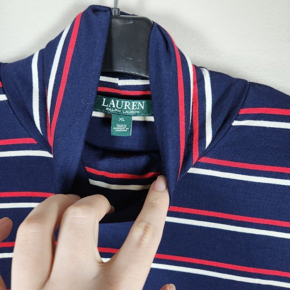 Lauren Ralph Lauren Shirt Womens XL Blue Mock Neck Striped Jersey Top Blouse - Picture 7 of 11